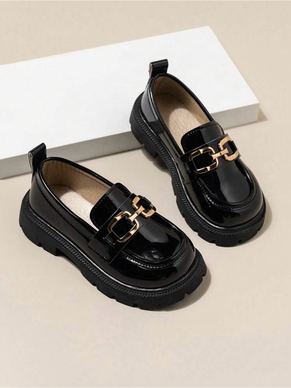 Classic Black Patent Kids Loafers with Gold Buckle